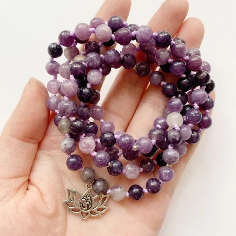 Topaz gem bangles-Purple Lepidolite Crystal Beaded Meditation Bracelet