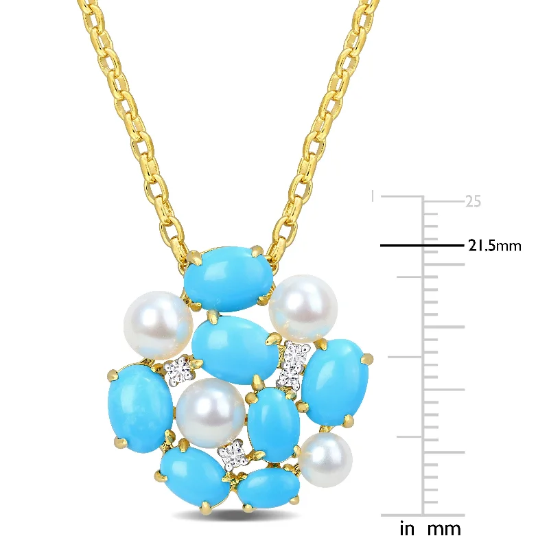 Light bead necklaces-Miadora 5 3/5ct TGW Created Turquoise White Sapphire Cultured Freshwater Pearl Necklace Yellow Silver