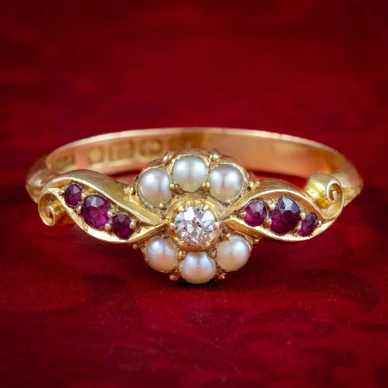 Sleek rose rings-Antique Edwardian Ruby Diamond Pearl Cluster Ring Dated 1906