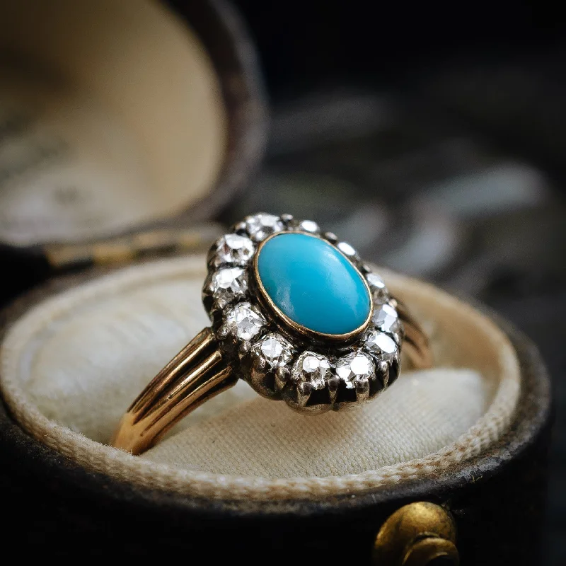 Rough texture rings-Enchanting and Rare Early Victorian Turquoise and Diamond Ring