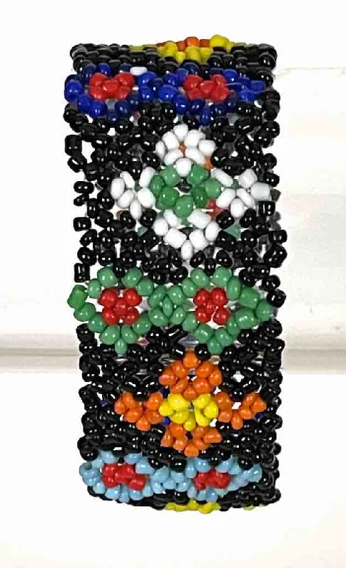 Woven cord bangles-Small bead wide woven floral design beaded bracelet - Togo