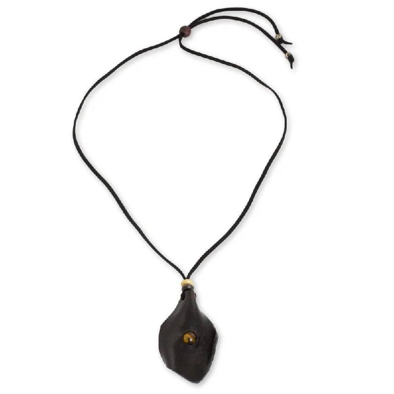 Spirit charm necklaces-Handmade Men's Leather 'Thai Cowboy in Black' Tiger's Eye Necklace (Thailand)