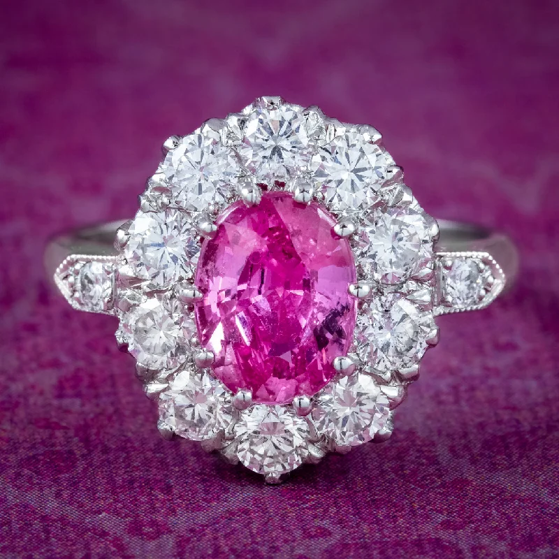 Petal carved rings-Edwardian Style Pink Sapphire Diamond Cluster Ring 1.75ct Sapphire