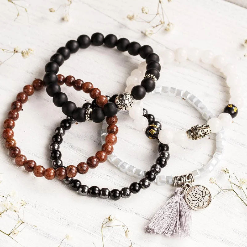 Silk wrap bangles-Buddha & Lotus Bracelet Set