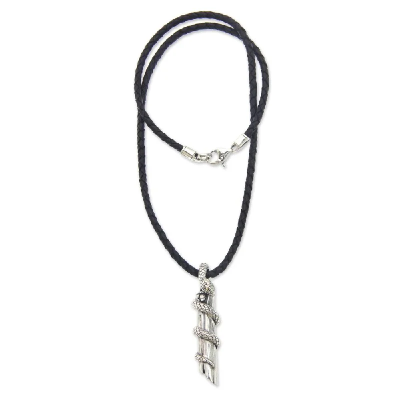 Worn charm necklaces-Handmade Men's Leather 'Bamboo Python' Sterling Silver Necklace (Indonesia)