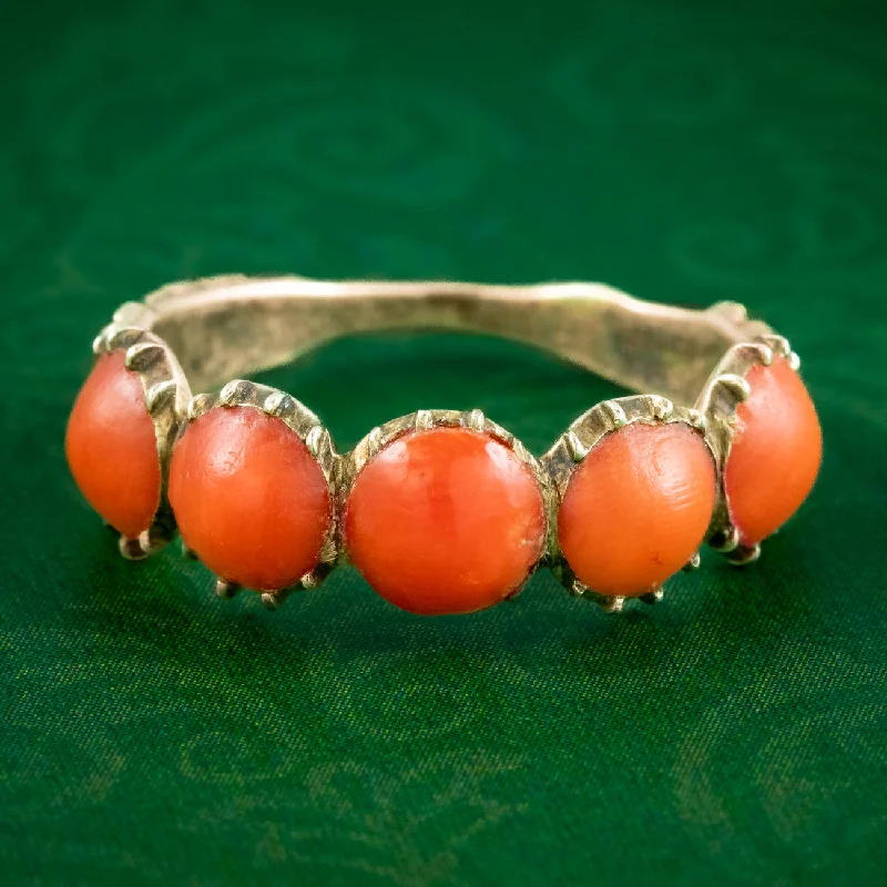 Oval charm rings-Antique Georgian Coral Five Stone Ring