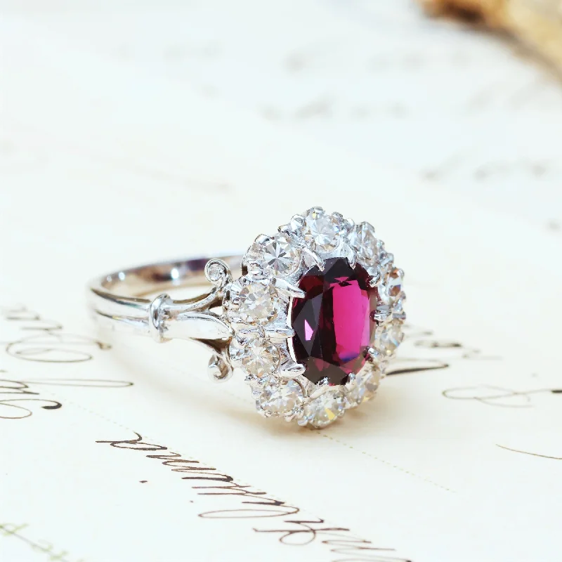 Bead-woven rings-Extraordinary Vintage Deep Wine Ruby & Diamond Cluster Ring