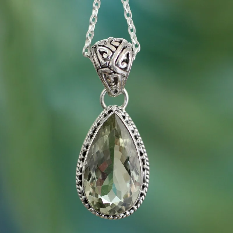 Tie-style necklaces-Handmade Verdant Mist 18 Carat Green Teardrop Prasiolite Quartz Set in 925 Sterling Silver Ornate Bail Pendant Necklace (India)