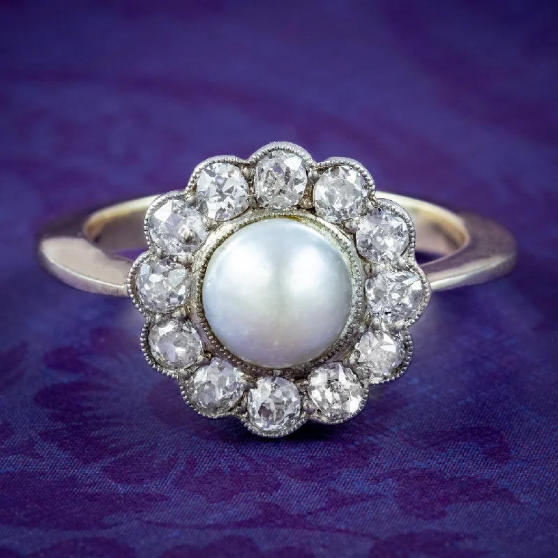 Tiny star rings-Antique Victorian Natural Pearl Diamond Daisy Cluster Ring 1ct Of Diamond