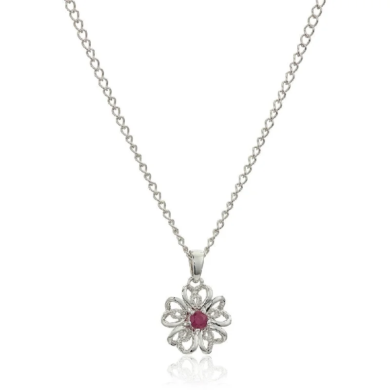 Carved name necklaces-Sterling Silver Ruby Black Flower Pendant Necklace, 18" - Red