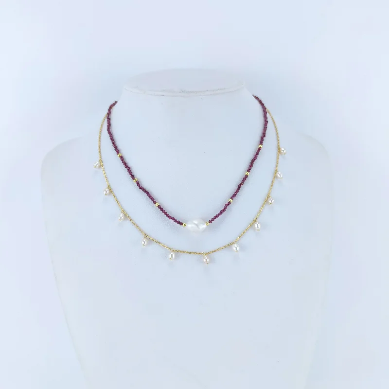 Secure clasp necklaces-18K Gold over Sterling Silver Garnet and Freshwater Pearl Two-Strand Station Necklace