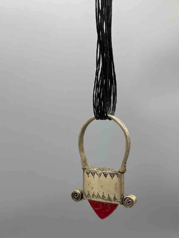 Matte link bangles-Large Tuareg InGall Metal & Glass Pendant Leather Necklace Choker  - Niger