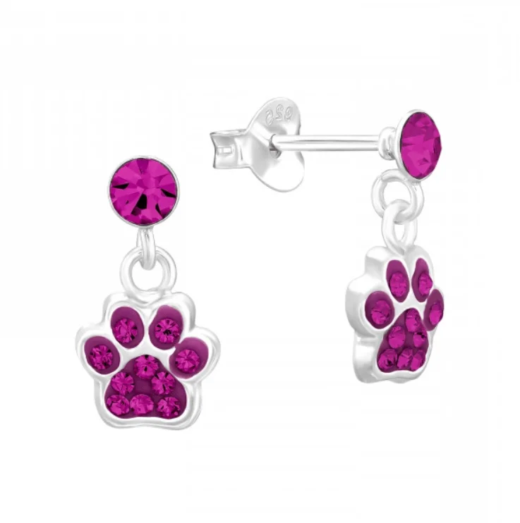 Twine bead earrings-Sterling Silver and Crystal Paw Earrings (Dangle Posts)