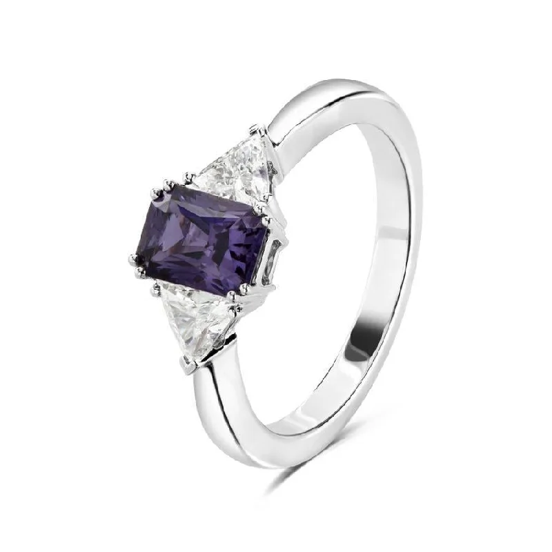 Wide halo engagement rings-18ct White Gold Rectangular Cut Purple Sapphire & Trilliant Cut Diamond Trilogy Ring