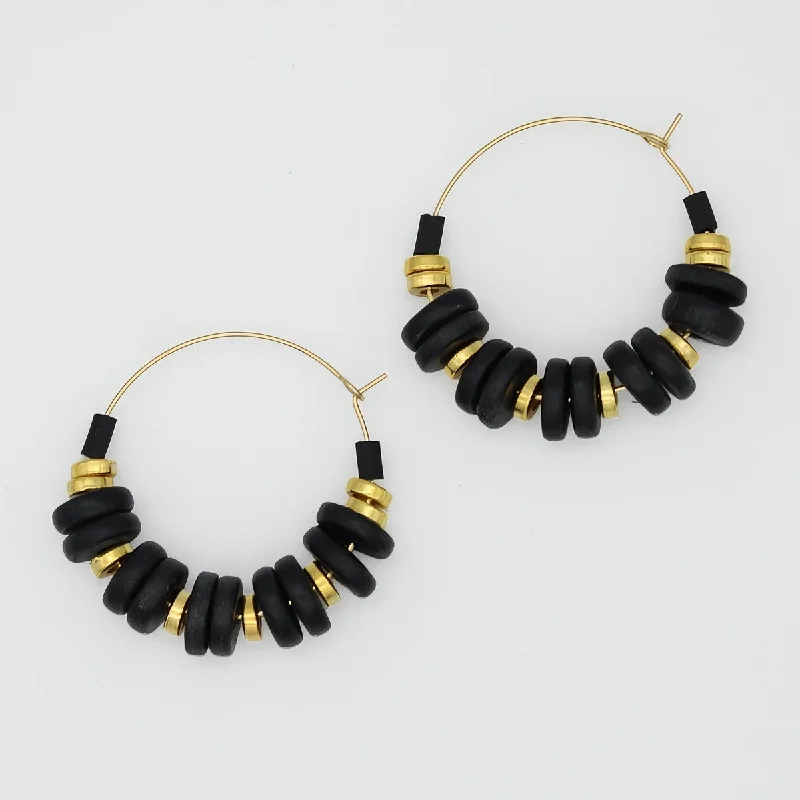 Wide hoop earrings-Black and Gold Hoop Dangle Earring