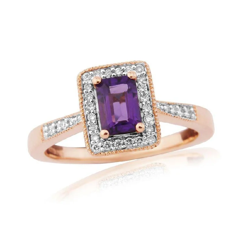 Cushion cut engagement rings-9ct Rose Gold Emerald Cut Amethyst & Diamond Halo Cluster Ring with Diamond Shoulders