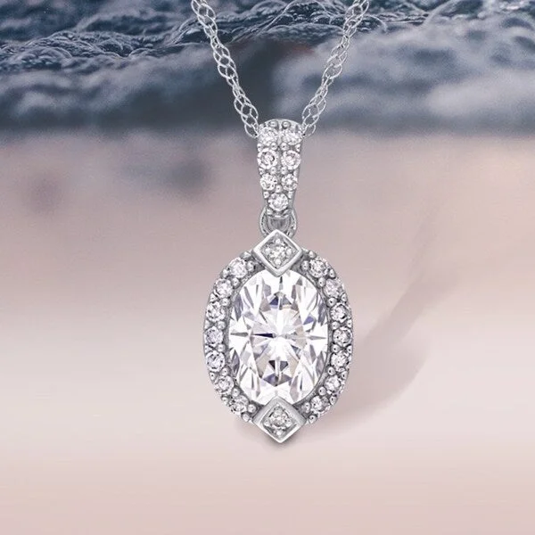 Raven feather necklaces-Miadora 1ct DEW Oval-cut Moissanite and 1/8ct TDW Diamond Halo Drop Necklace in 10k White Gold - 16.5 mm x 17 inch x 7.7 mm