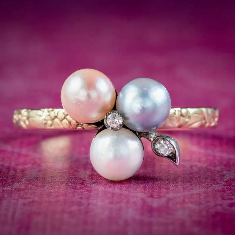 Rustic cameo rings-Georgian Style Pearl Diamond Shamrock Ring