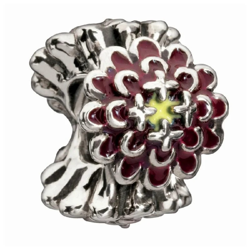 Moon motif engagement rings-Silver enamel bead - Burgandy Blooming Zinnia