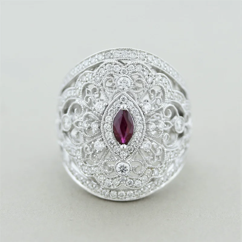 Antique Style Diamond Ruby Wide Band Ring