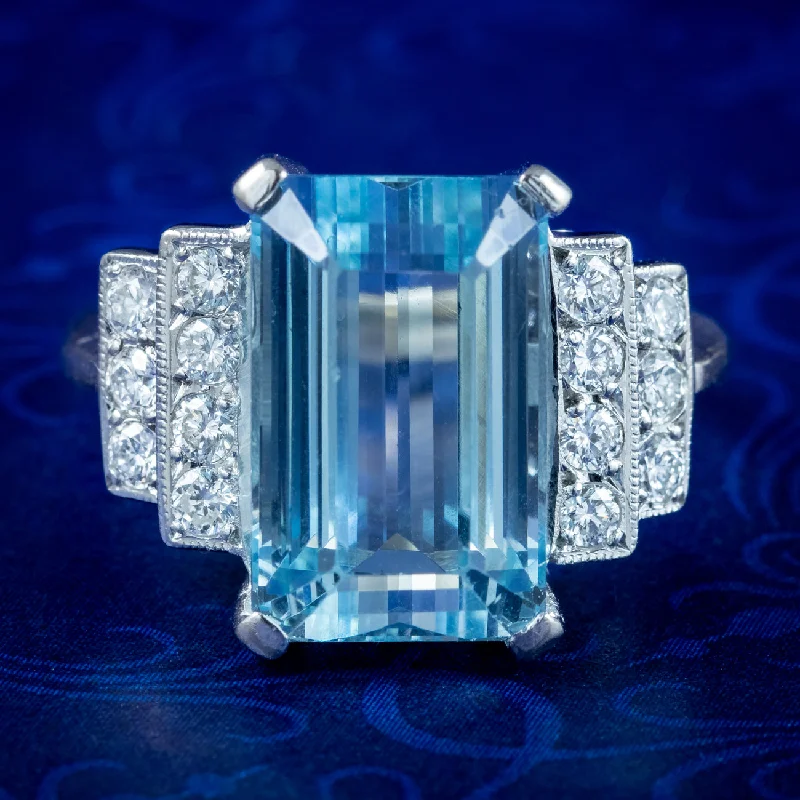 Small gem rings-Vintage Aquamarine Diamond Ring 6ct Aqua Dated 1950