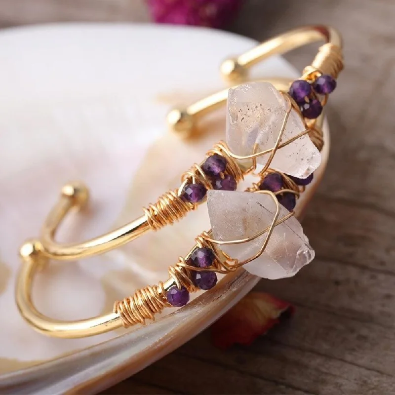 Vivid diamond bangles-White Quartz Wire Wrap Golden Copper Bracelet