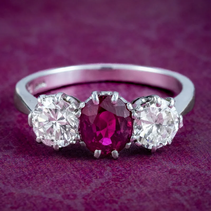 Bold cocktail rings-Edwardian Style Ruby Diamond Trilogy Ring 0.90ct Ruby 1.6ct Diamond