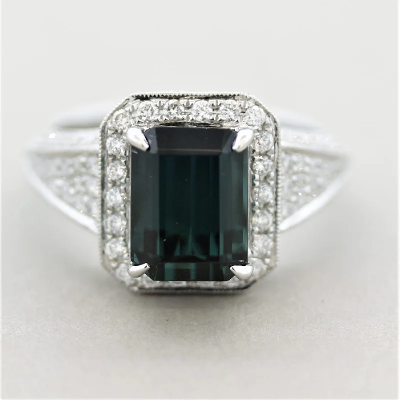 Night gothic rings-Indicolite Tourmaline Diamond Gold Ring