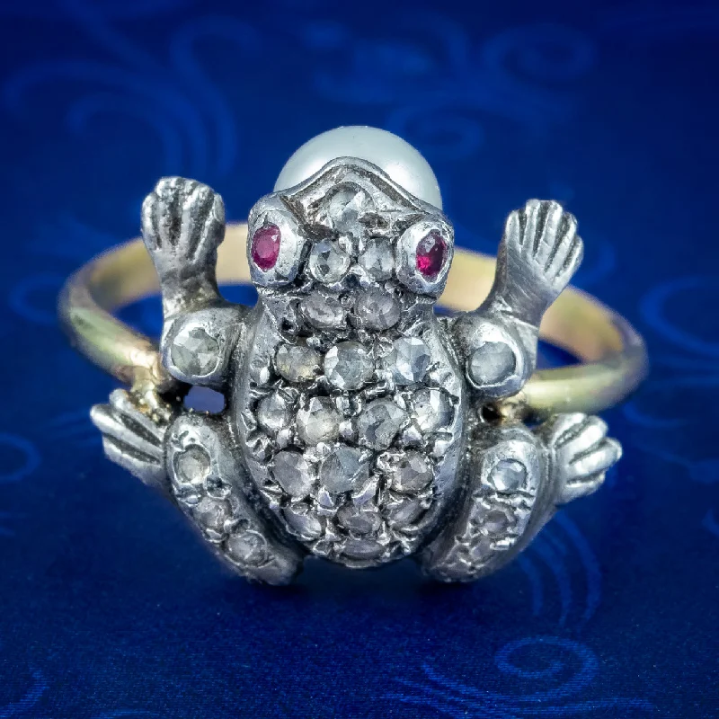 Flat knot rings-Victorian Style Diamond Pearl Frog Ring Ruby Eyes