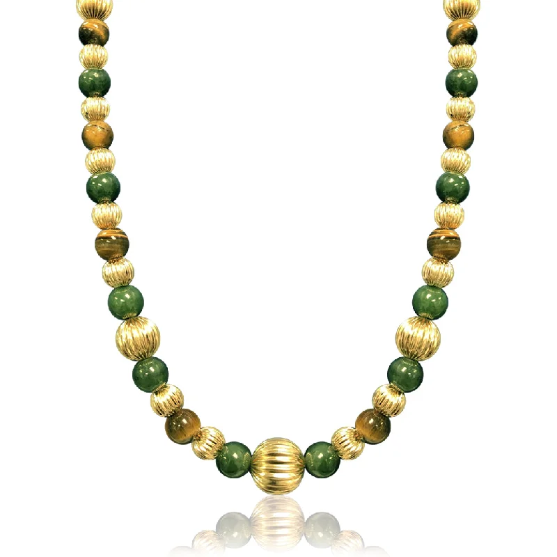 Tiered link necklaces-14K Yellow gold beaded necklace with jade and tiger eye