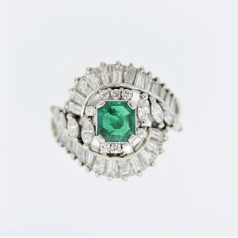 Small flower rings-Mid-Century Emerald Diamond Platinum Spray Ring