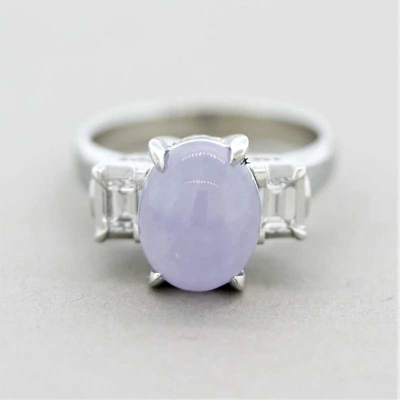 Small gem rings-Lavender Jadeite Jade Diamond Platinum 3-Stone Ring