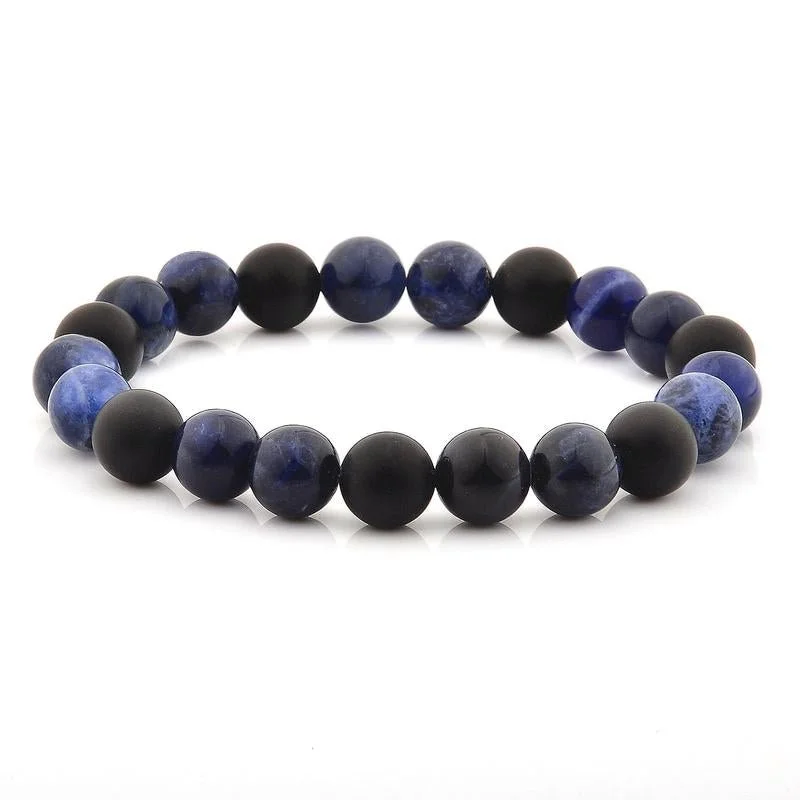 Smooth form bangles-SODALITE AND MATTE ONYX STONE BEADED STRETCH BRACELET (10MM)