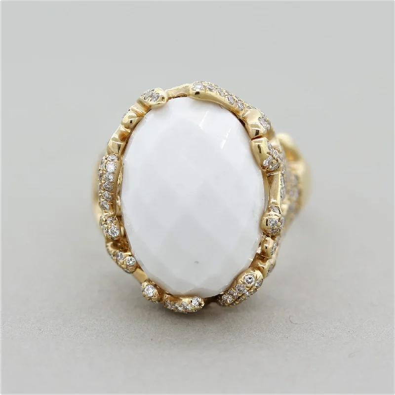 Dove feather rings-White Onyx Diamond Gold Ring