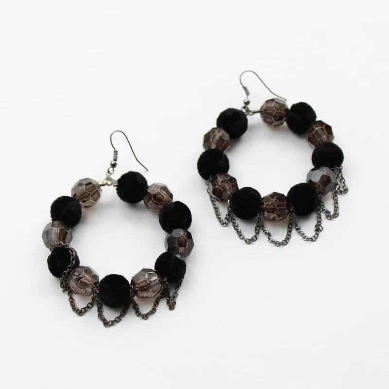 Glossy silver earrings-Black Beaded Circle Earrings