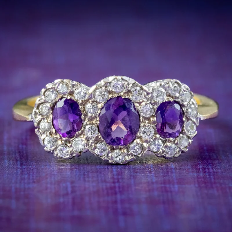 Subtle accent rings-Vintage Amethyst Diamond Trilogy Cluster Ring Dated 1991