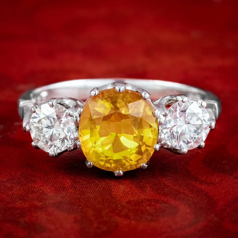 Old cameo rings-Edwardian Style Yellow Sapphire Diamond Trilogy Ring 1.8ct Sapphire