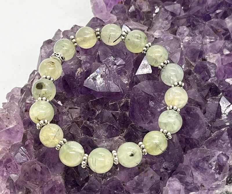 Sleek link bangles-Prehnite "Healers Stone" 10mm Stretchy Bracelet w/Tibetan Silver Spacers