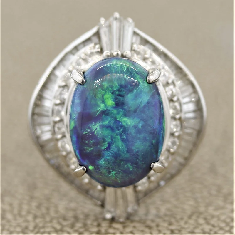 Tri-tone rings-Blue-Green Australian Opal Diamond Platinum Ring