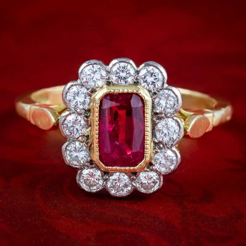 Smooth form rings-Edwardian Style Ruby Diamond Cluster Ring 0.75ct Ruby