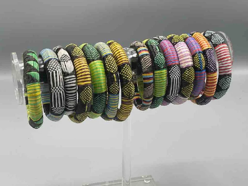 Linen thread bangles-Wide Rounded Woven Design Black Recycled Plastic Bracelet