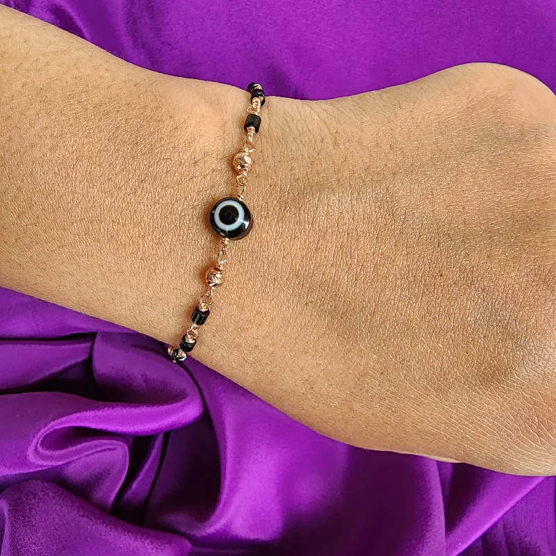 Worn clasp bangles-Rosegold Round Evil Eye Bracelet