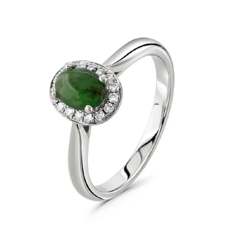 Pinch band engagement rings-18ct White Gold Oval Cut Jadeite & Round Brilliant Cut Diamond Halo Cluster Ring