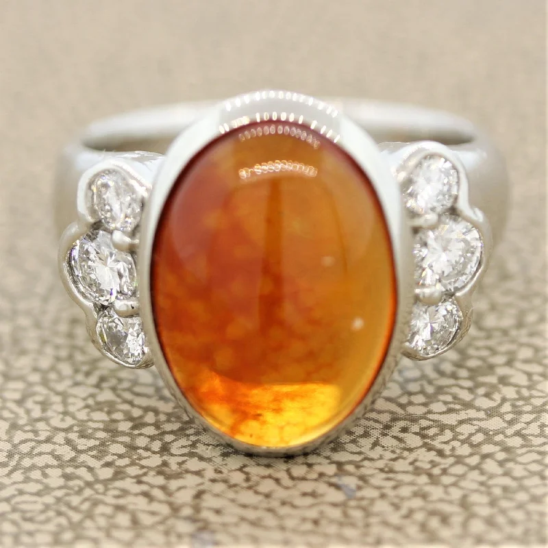 Tiny pearl rings-Mexican Fire Opal Diamond Platinum Ring