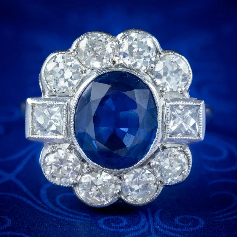 Oval gem rings-Art Deco Style Sapphire Diamond Ring 18ct White Gold 2.80ct Sapphire