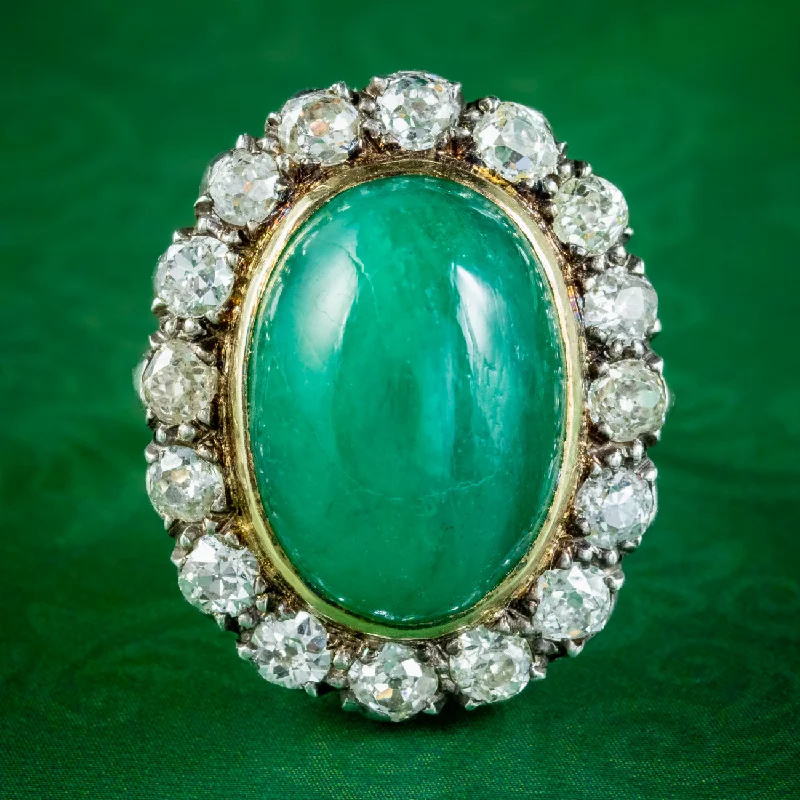 Fluid art rings-Antique Victorian Emerald Diamond Cluster Ring 11ct Cabochon Emerald