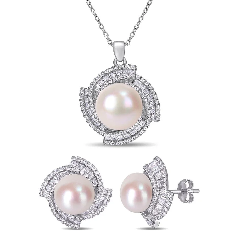 Old style necklaces-Miadora Sterling Silver Cultured FW Pearl and CZ Swirl Halo Necklace (9.5-12.5 mm)