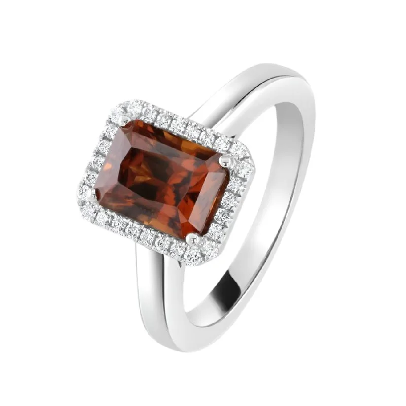 Light wood engagement rings-18ct White Gold Octangonal Cut Orange Zircon & Diamond Halo Cluster Ring