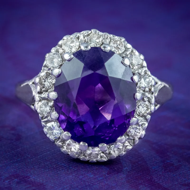 Astro theme rings-Vintage Amethyst Diamond Cluster Ring 4.5ct Amethyst