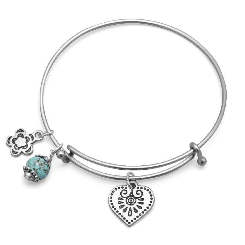 Carved charm bangles-Expandable Heart Charm Fashion Bangle Bracelet